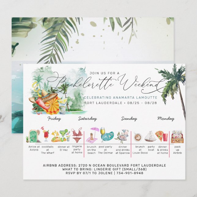 Invitación Bachelorette Weekend Itinerary | Palm tropical (Anverso / Reverso)