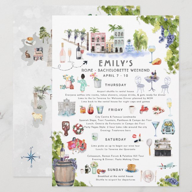 Invitación Bachelorette Weekend Itinerary | Roma, Italia (Anverso / Reverso)