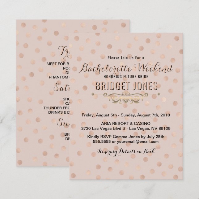 Invitación Bachelorette Weekend Itinerary Rosa Gold Confetti (Anverso / Reverso)