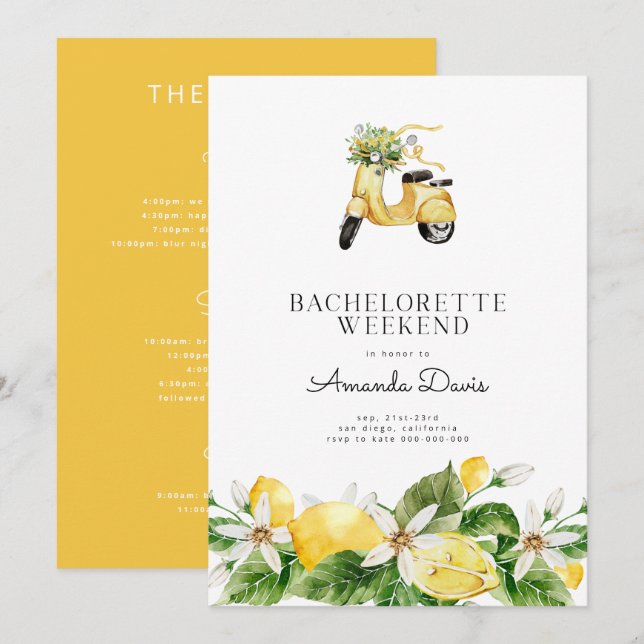 Invitación Bachelorette Weekend Lemon Mediterráneo Amarillo (Anverso / Reverso)