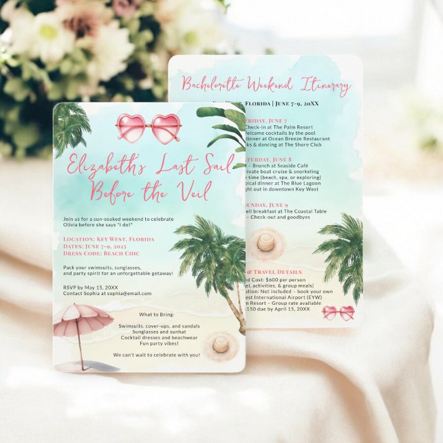 Invitación Bachelorette Weekend Tropical Beach Watercolor (Tropical Beach Watercolor Bachelorette Weekend Invitation)