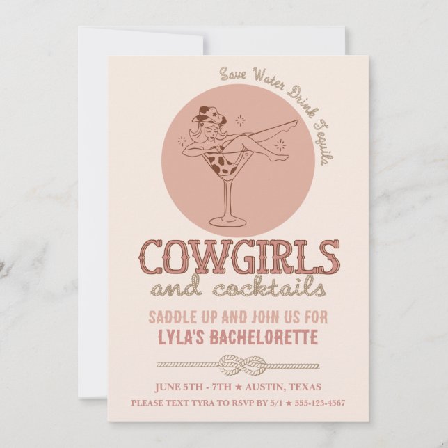 Invitación Bachelorette Western Rubor Cowgirls and Cocktails (Anverso)