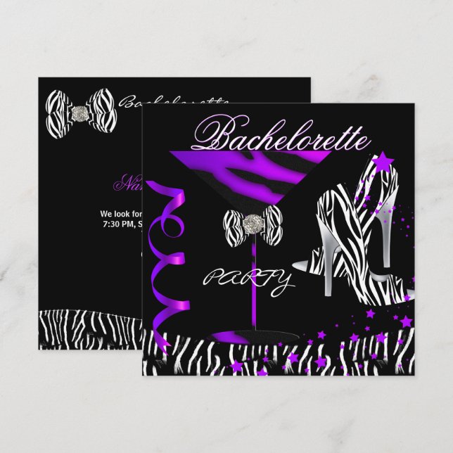 Invitación Bachelorette Zebra Purple Coctail (Anverso / Reverso)