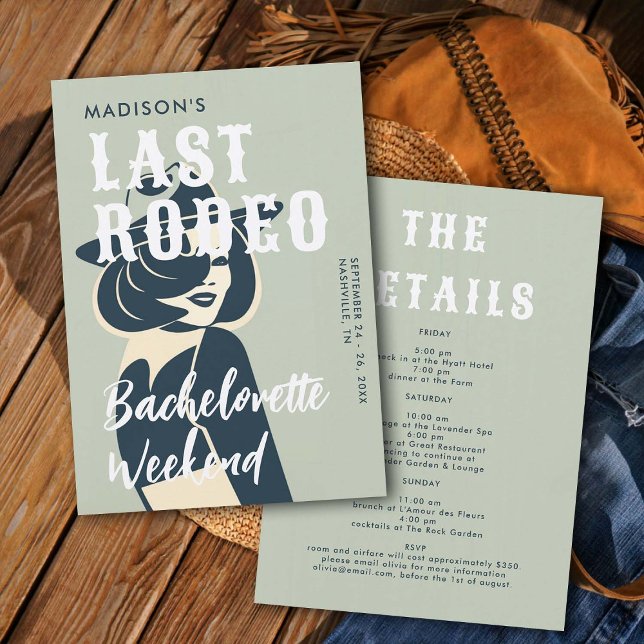 Invitación Bachelorrita De La Vaquera Retro El Último Rodeo G (last rodeo bachelorette weekend invitation itinerary retro vintage elegant glam cowgirl sage green)