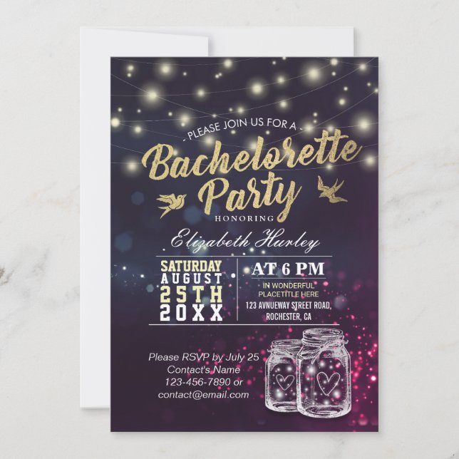 Invitación Bachiller Party Bridal Shower Mason Jar Luces (Anverso)