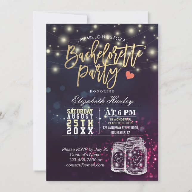 Invitación Bachiller Party Bridal Shower Mason Jar Luces (Anverso)