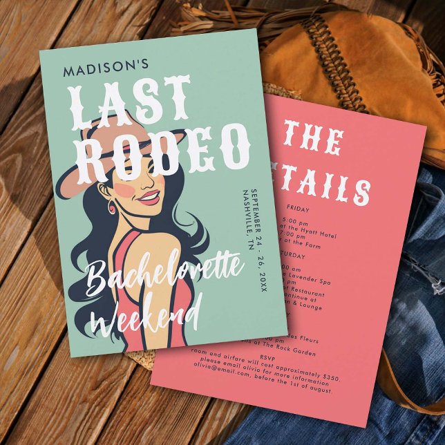 Invitación Bachillera Rosa Retro Última Bachelorette Rodeo Gl (last rodeo bachelorette weekend invitation itinerary retro vintage elegant glam cowgirl pink black )