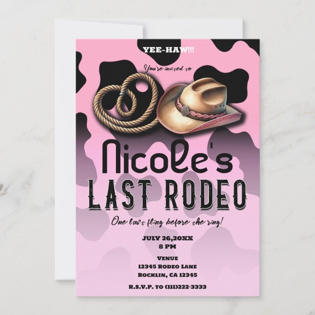 Invitación Bachillera Rosa y Negra Última Bachelorette Rodeo (Anverso)