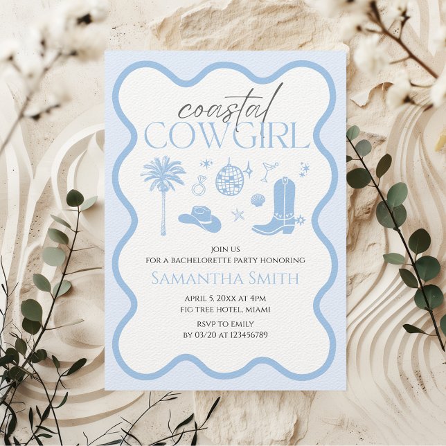 Invitación Bachillerato azul de vaca de la costera ilustrada  (Coastal Cowgirl Bachelorette Party Invitation)