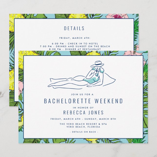 Invitación Bachillerato Chicas Tropical Beach Getaway  (Anverso / Reverso)