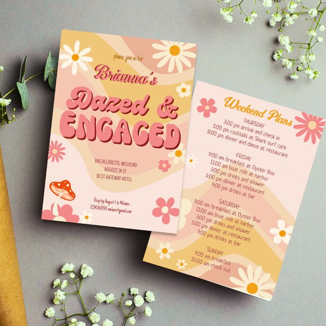 Invitación Bachillerato retro de margarita deslucido y enganc (Dazed and engaged groovy retro boho daisy bachelorette weekend itinerary party invitation template )