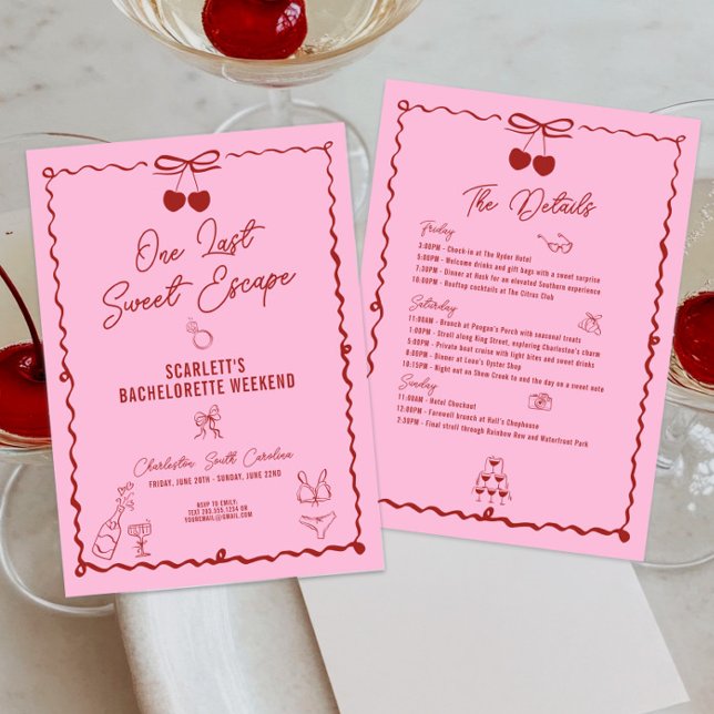Invitación Bachillerato rosa y rojo de cereza de fin de seman (Pink and Red Cherry Bachelorette Weekend Itinerary, Bows, Hand Drawn, Girls Trip, Bachelorette Party)