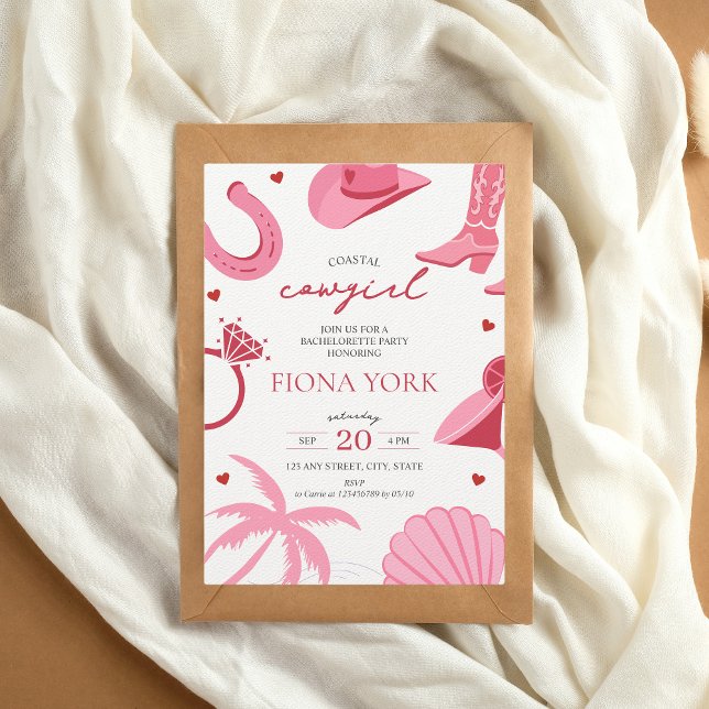 Invitación Bachillerato rosa y rojo de vaca costera (Coastal Cowgirl Bachelorette Party Invitation)