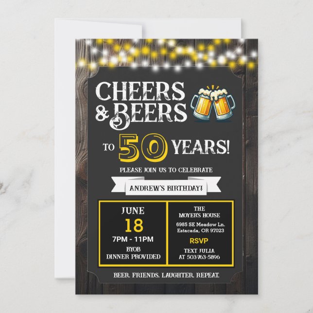 Invitación Backyard BBQ Birthday Cheers and Beers to 50 Years (Anverso)