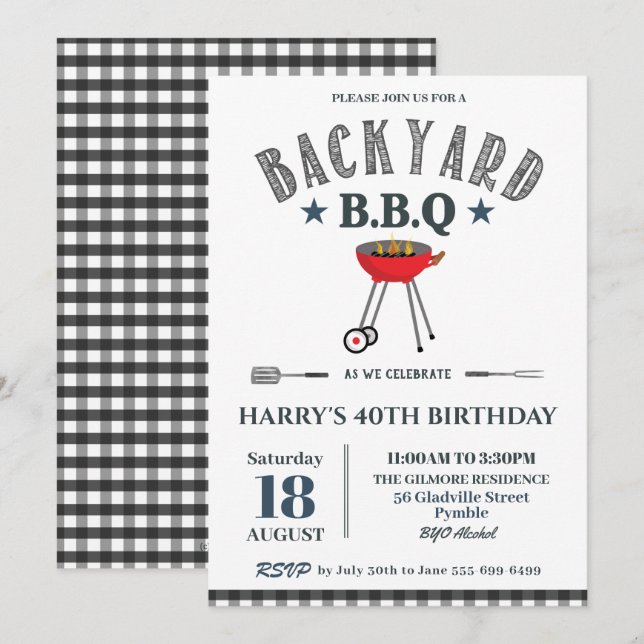 Invitación Backyard BBQ Hombre Birthday Black Gingham  (Anverso / Reverso)