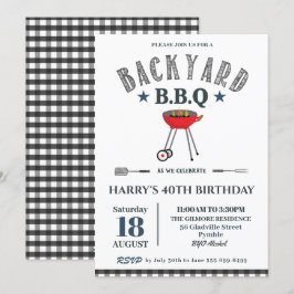 Invitación Backyard BBQ Hombre Birthday Black Gingham 