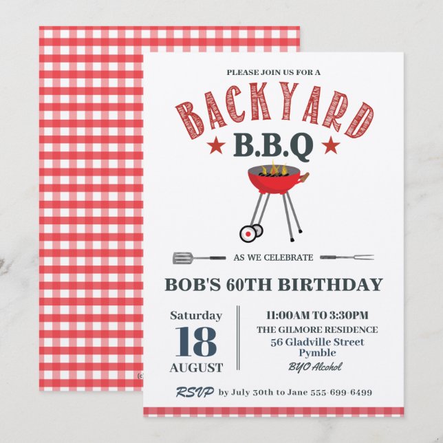 Invitación Backyard BBQ Hombre Birthday Red Gingham Craft (Anverso / Reverso)