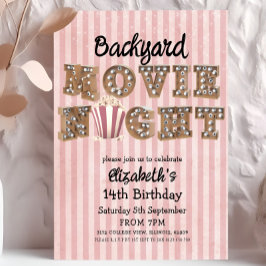Invitación Backyard Movie Night Popcorn Marquee Lights Party