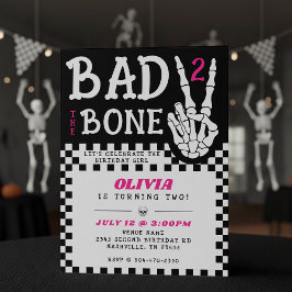 Invitación Bad 2 the Bone Skeleton Pink 2nd Birthday Party
