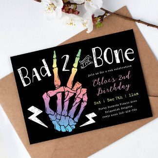Invitación Bad TWO the Bone Girls Pastel Rainbow 2nd Birthday