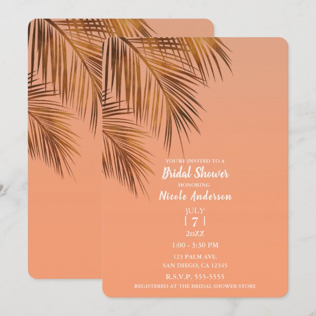 Invitación Bahama Breeze Bronze Palm Coral Baño Nupcial (Anverso / Reverso)