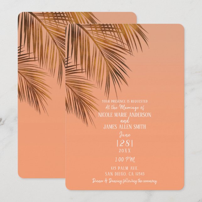 Invitación Bahama Breeze Bronze Palm Coral Peach Boda (Anverso / Reverso)