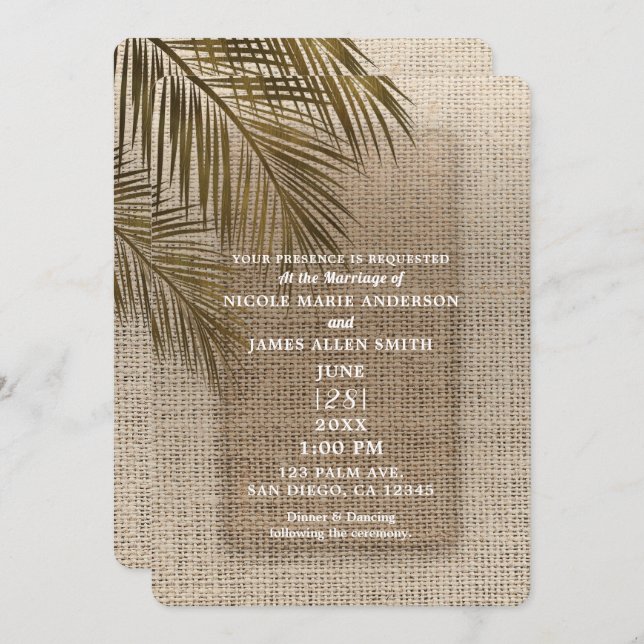 Invitación Bahama Breeze Palm Rústica Burlap Boda (Anverso / Reverso)