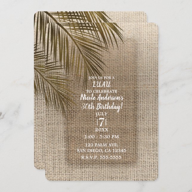 Invitación Bahama Breeze Palm Rústica Burlap Fiesta (Anverso / Reverso)