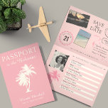 Invitación Bahamas: Pasaporte rosado por cumpleaños número 21<br><div class="desc">¡Una sorpresa de regalo de cumpleaños 21 divertida! ¡Necesitas una manera divertida de dar un viaje como regalo! Envíe un pasaporte con toda la información. He incluido dos fotos que tomé en unas vacaciones que tuve para que puedas guardar esas fotos o añadir la tuya propia. LOS COLORES SE IMPRIMIRÁN...</div>