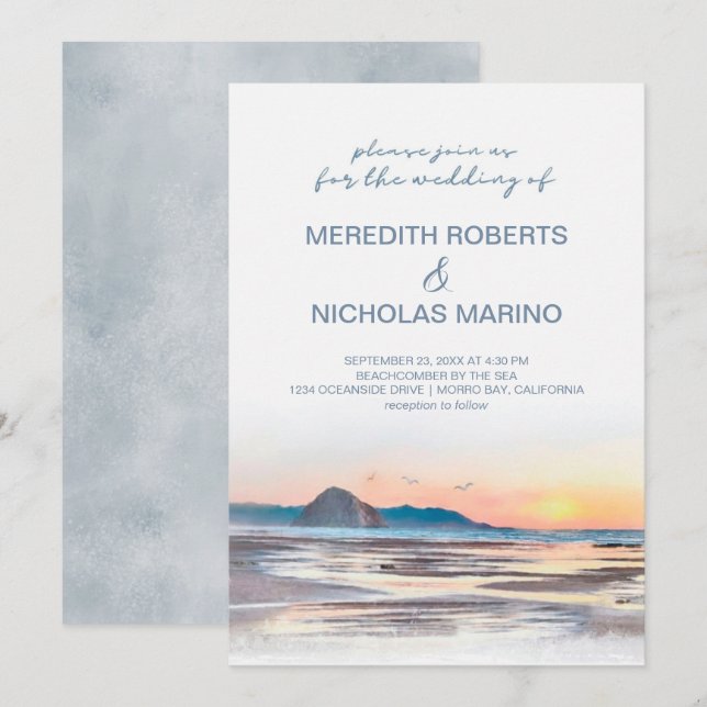 Invitación Bahía Morro | Boda Watercolor Beach Seascape (Anverso / Reverso)