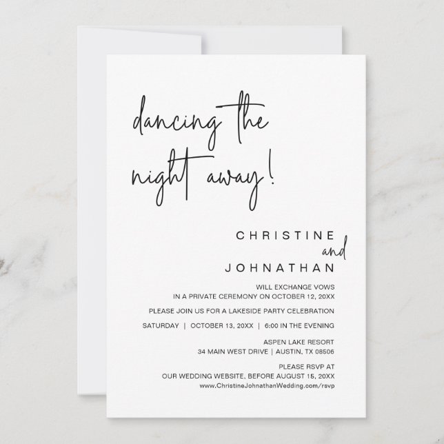 Invitación Bailando Atrás De La Noche, Fiesta Boda Elopement  (Anverso)