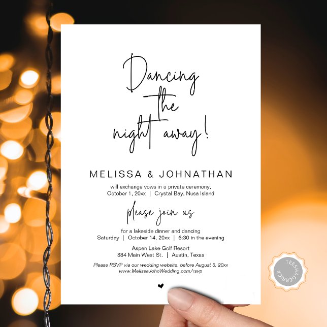 Invitación Bailando la noche, Boda Elopement Fiesta (Dancing the night away, Wedding Elopement Dinner Party and Dancing Invitation Card, Downloadable)
