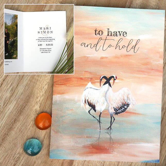 Invitación Bailando Tancho japonés Cranes Boda azul beige (asian origami cranes natural beige terracotta copper rust turquoise wedding invitation)
