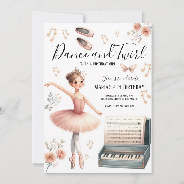 Invitación Bailar y bailarina de Twirl rosa negro Cumpleaños (Anverso)