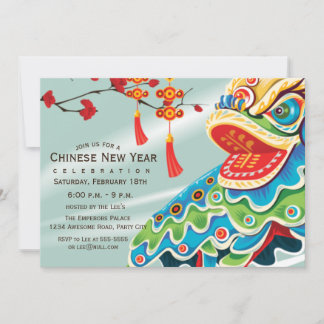 Invitación Bailarín de leones azules de Año Nuevo chino