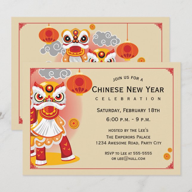 Invitación Bailarín de leones de Año Nuevo chino (Anverso / Reverso)