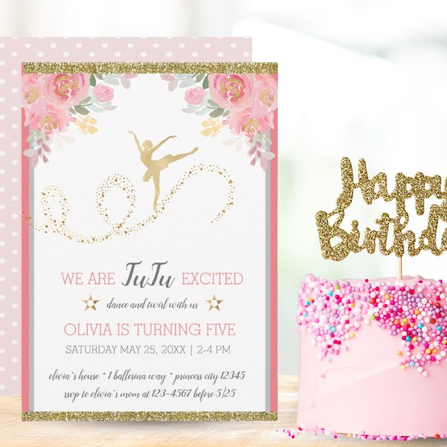 Invitación Bailarín elegante | Fiesta de cumpleaños del Chica (Elegant Dancer | Pink Floral Girl Birthday Party Invitation)
