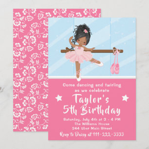 Invitación Bailarina afroamericana en tutú rosa cumpleaños