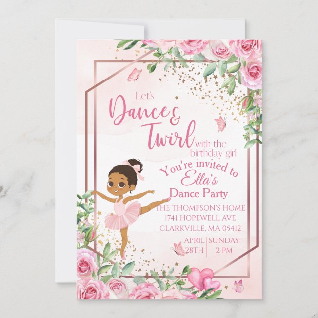 Invitación Bailarina baile rosa acuarela cumpleaños  (Anverso)