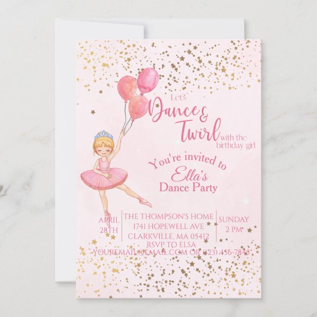 Invitación Bailarina baile rosa cumpleaños acuarela  (Anverso)