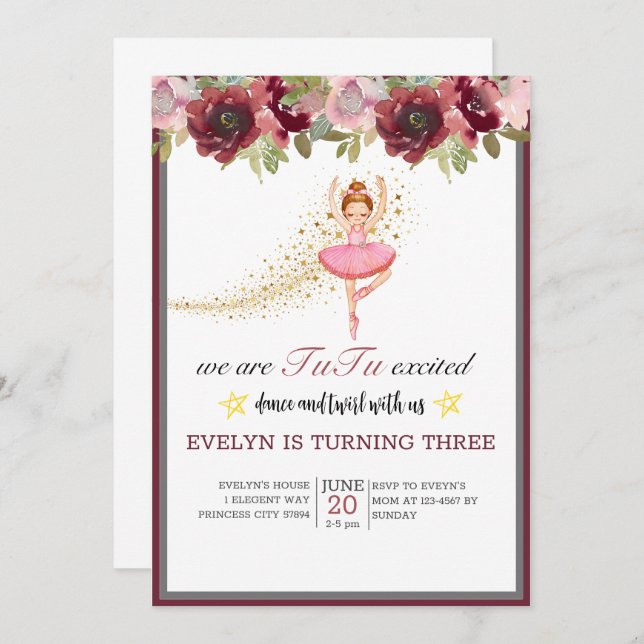 Invitación Bailarina Ballerina| Cumpleaños del ballet floral  (Anverso / Reverso)