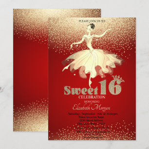 Invitación Bailarina, Confeti Dorado Brillante Rojo Dulce 16