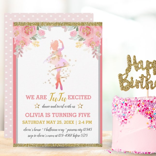 Invitación Bailarina de ballet Chica floral rosada Fiesta de  (Ballet Dancer Pink Floral Girl Birthday Party Invitation)