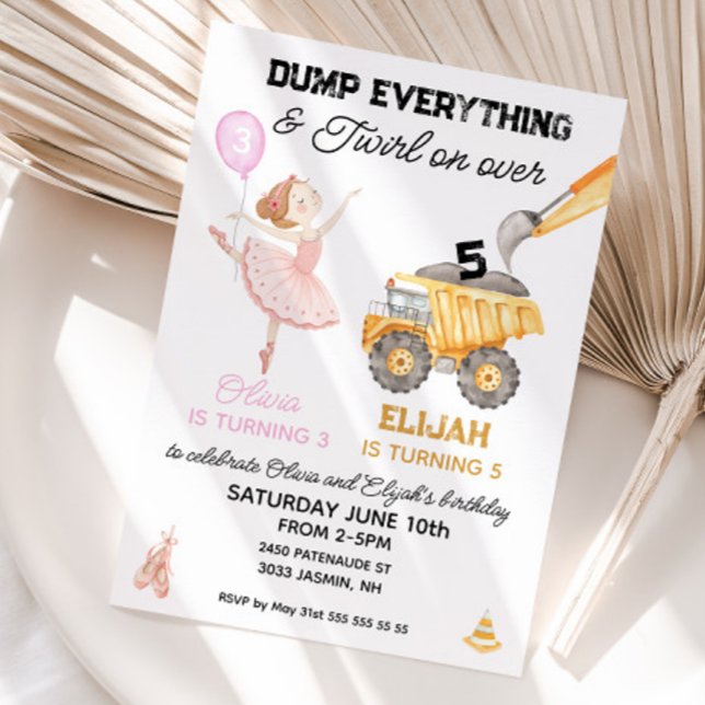 Invitación Bailarina de cumpleaños conjunto y fiesta de const (Joint birthday invitation ballerina and construction)