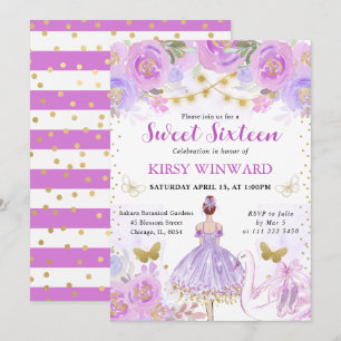 Invitación Bailarina de Tutú Morado Cabello Rojo Dulces 16