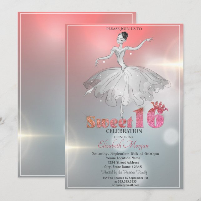 Invitación Bailarina elegante, Glitter Sweet 16 (Anverso / Reverso)