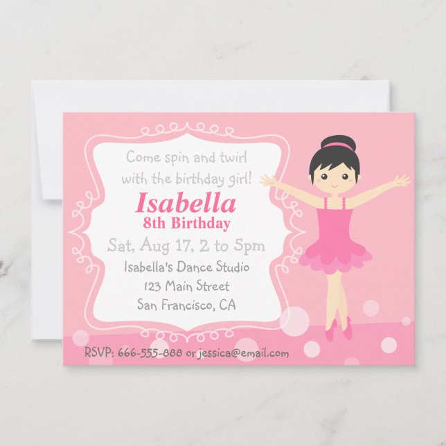 Invitación Bailarina Linda de Rosa, Cumpleaños de Niña (Anverso)