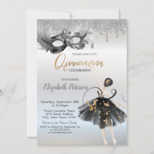 Invitación Bailarina Máscara Brillo Gotea Quinceañera Platead