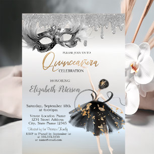 Invitación Bailarina Máscara Brillo Gotea Quinceañera Platead