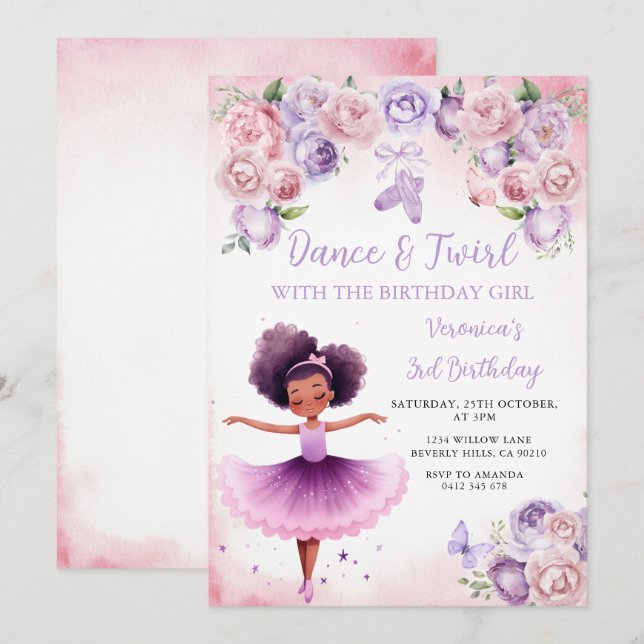 Invitación Bailarina Morada Cumpleaños 3 (Anverso / Reverso)